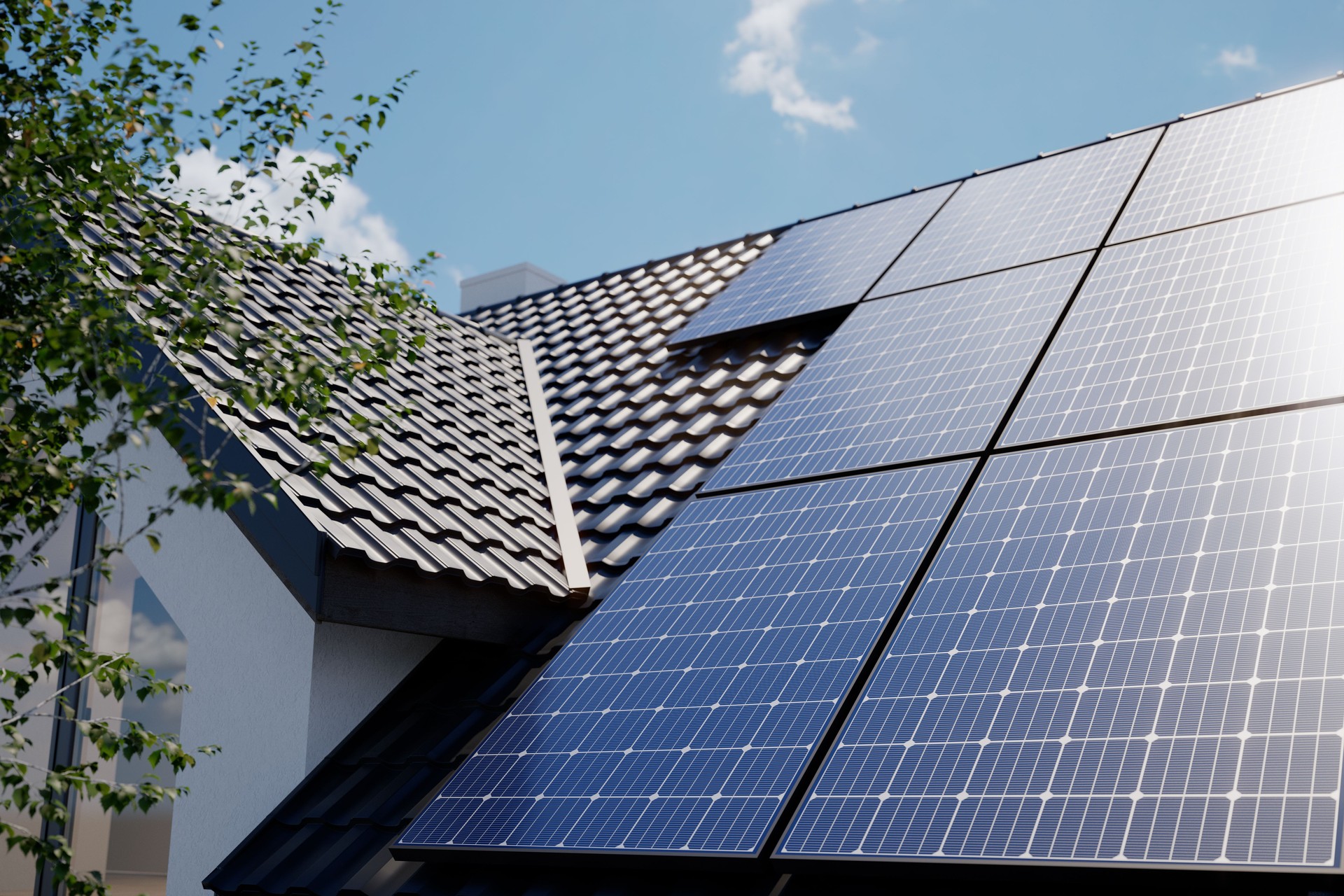 Solar panels on the roof, 3D illustration