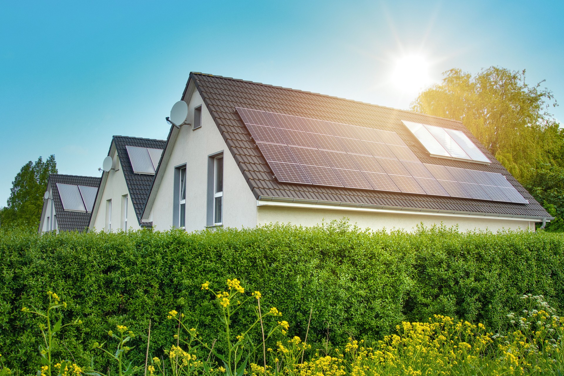 Solar panels on the roof of the modern family houses